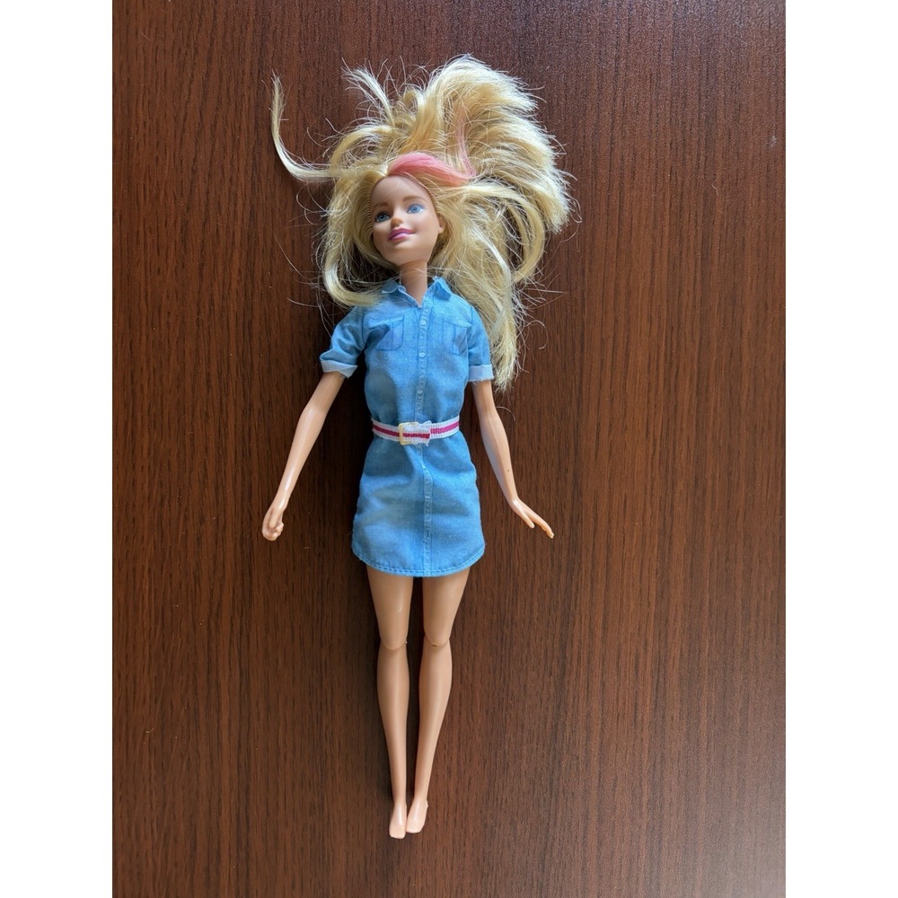 2015 Mattel Barbie Doll With Blonde Hair And Denim Blue Dress